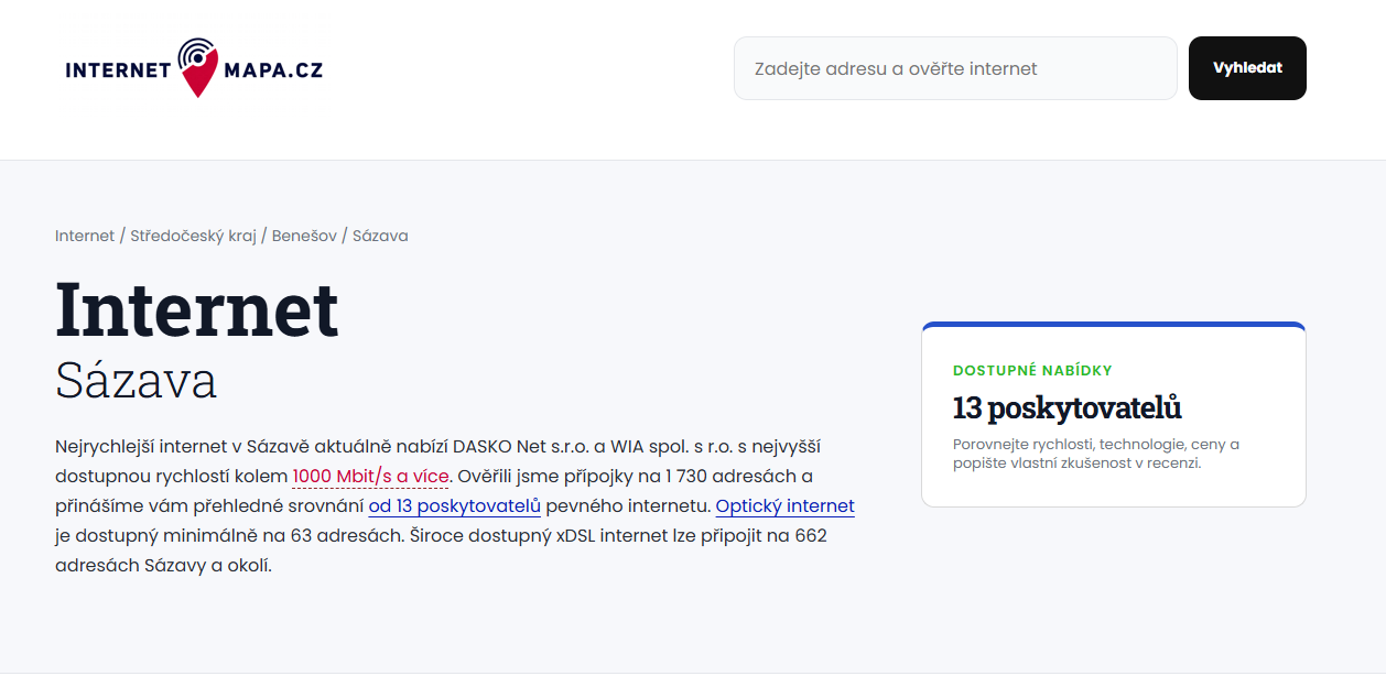 13 poskytovatelů internetu v obci Sázava